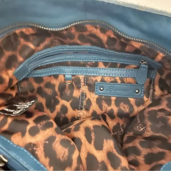 B Makowsky Teal Blue Leather Shoulder Bag w/ Studs + Leopard - Picture 3 of 10